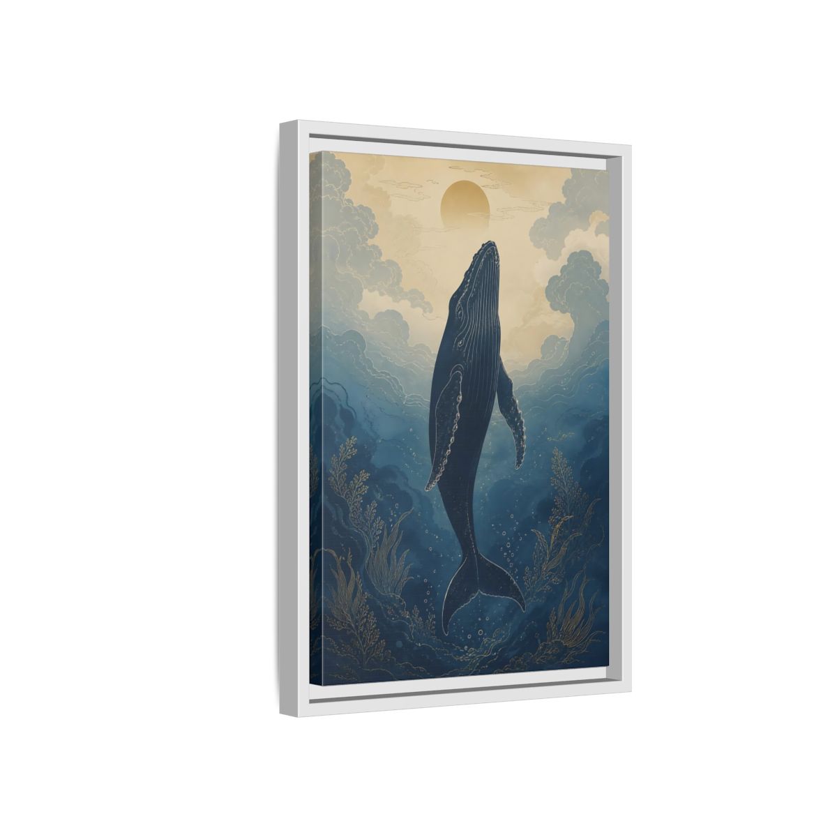 Side Mockup 4. Nature Whale Blue And Gold Whale shown as stretched canvas wall art