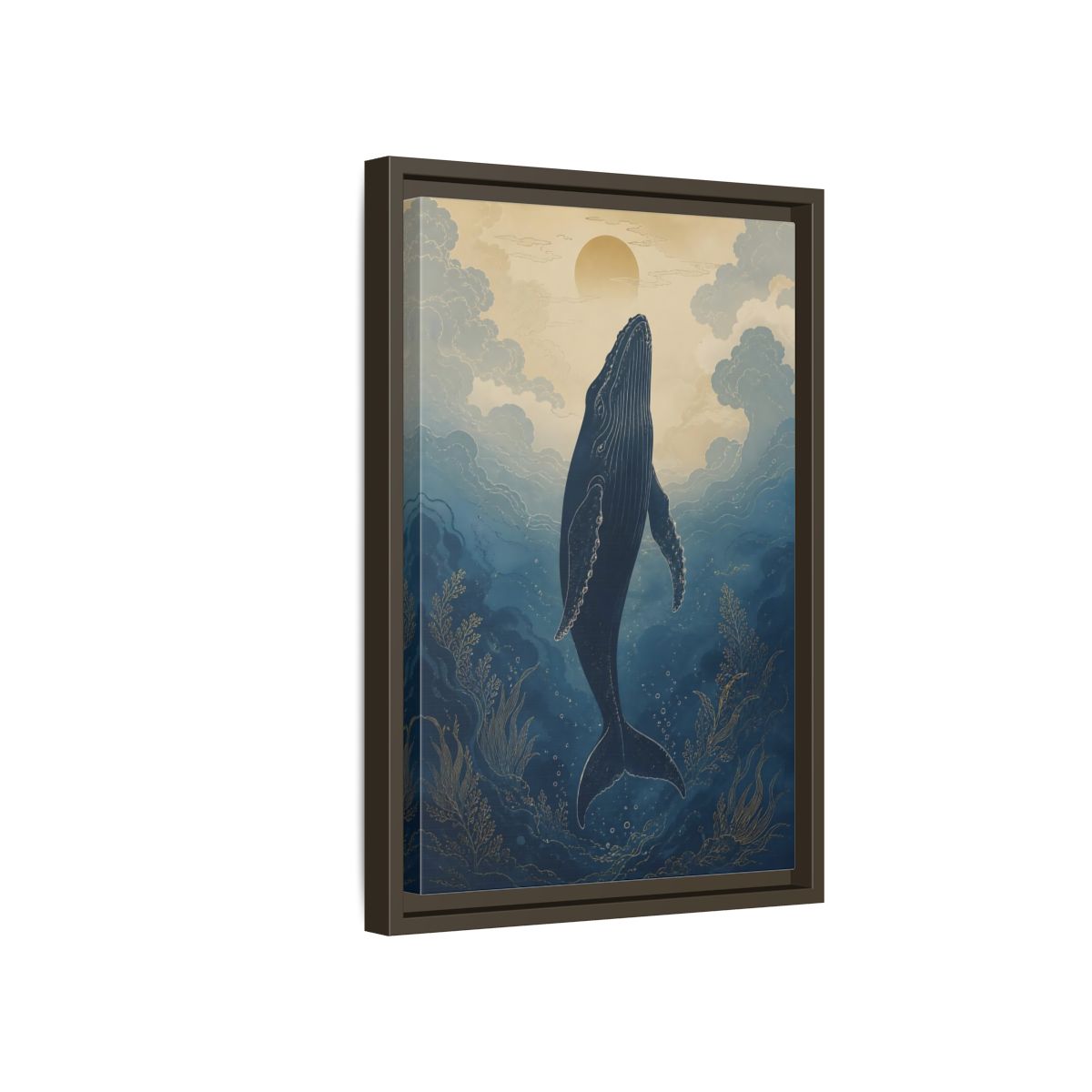 Side Mockup 5. Nature Whale Blue And Gold Whale shown as stretched canvas wall art