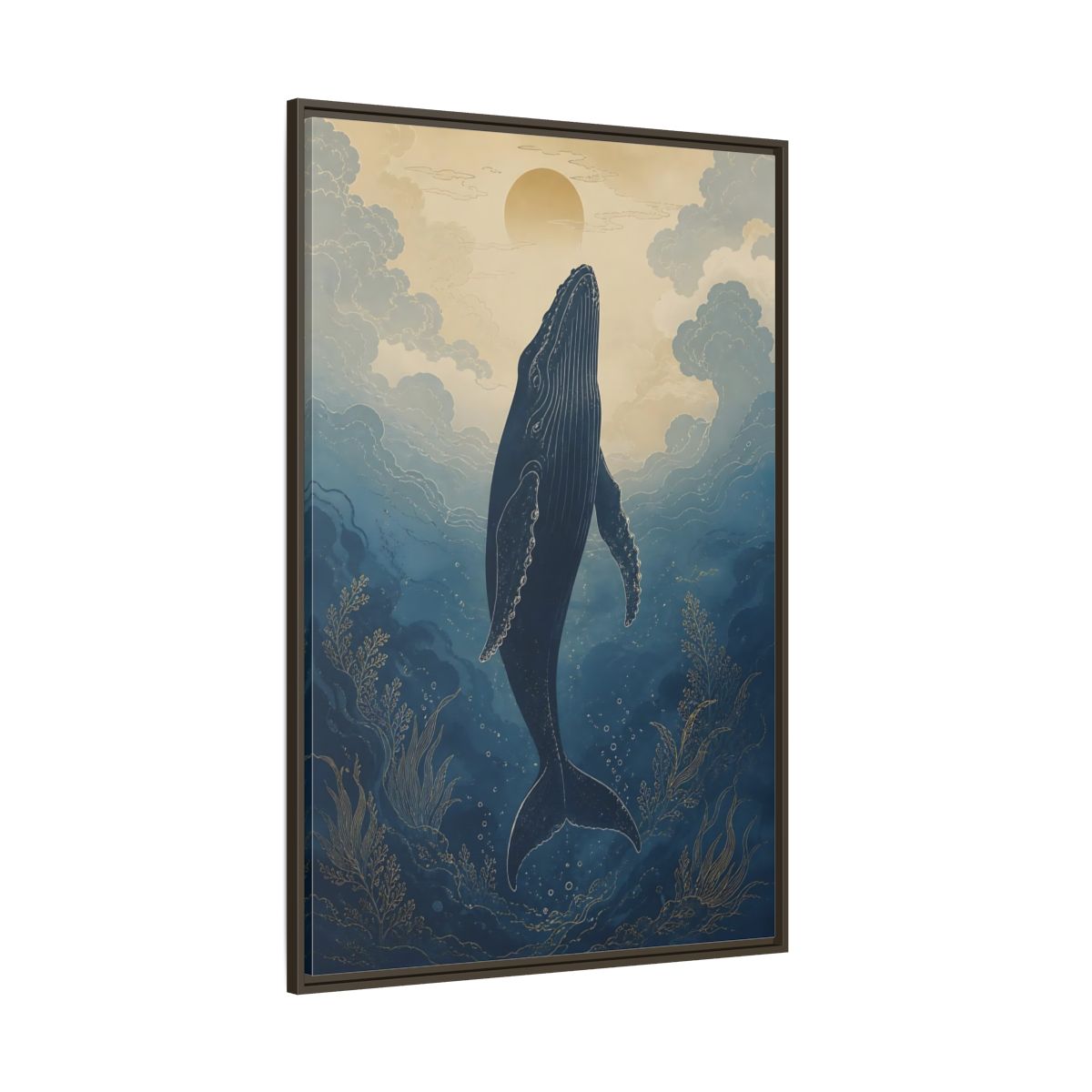 Side Mockup 8. Nature Whale Blue And Gold Whale shown as stretched canvas wall art