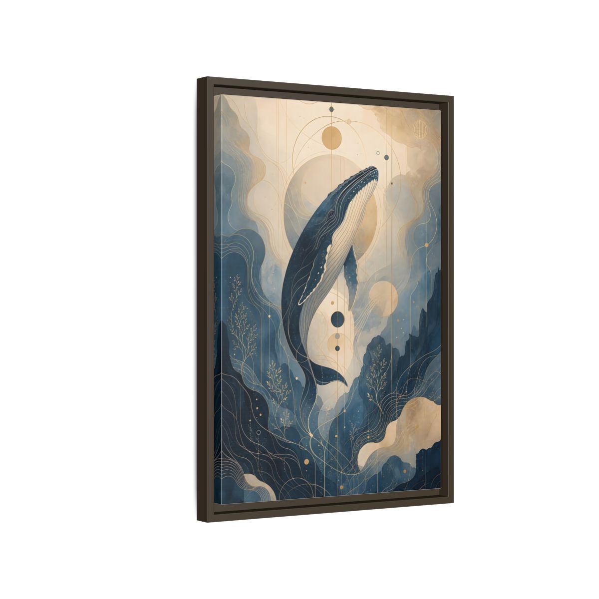 Side Mockup 2. Nature Whale Blue And Gold shown as stretched canvas wall art