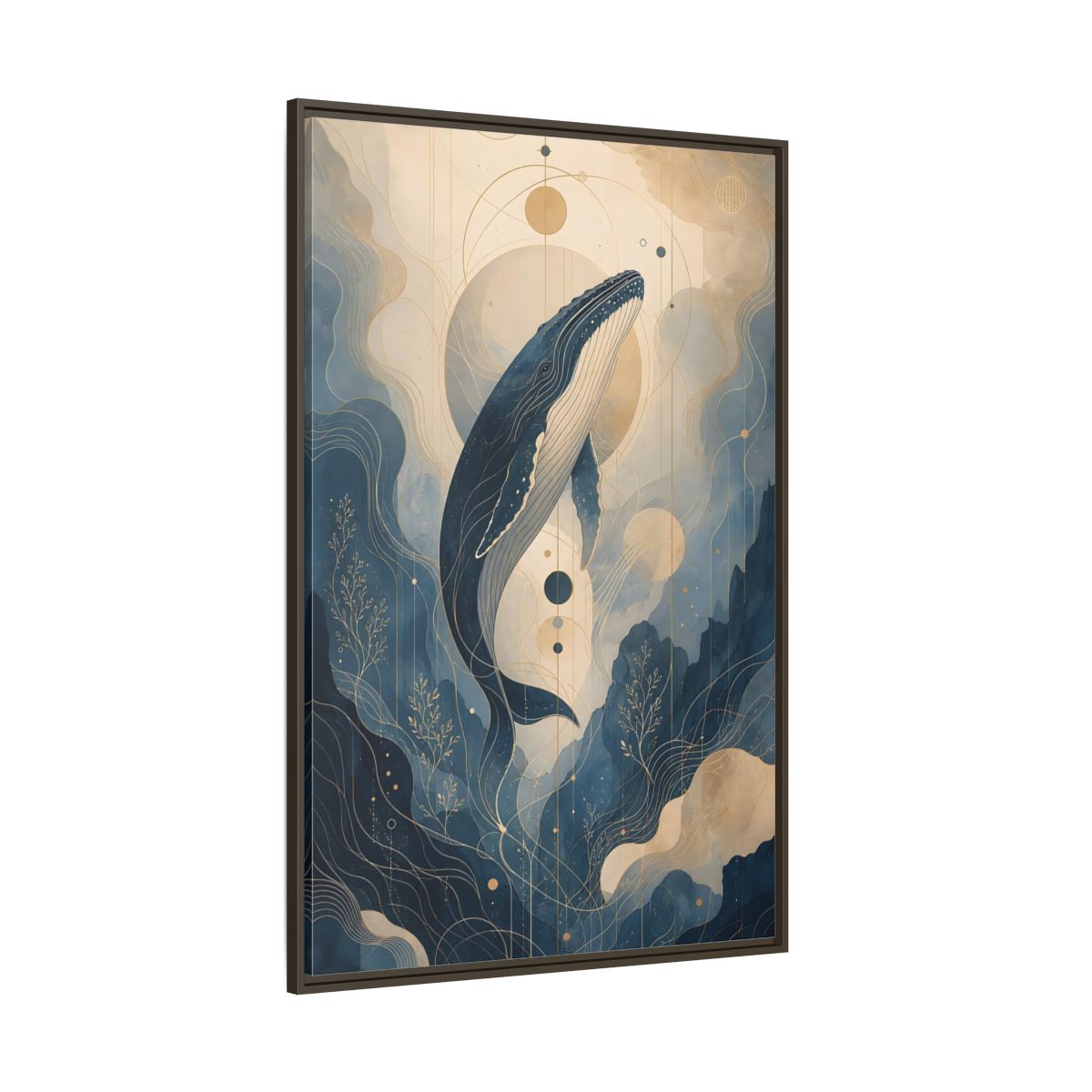 Side Mockup 8. Nature Whale Blue And Gold shown as stretched canvas wall art