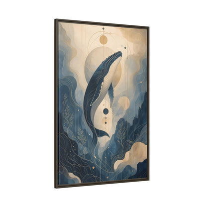 Nature Whale Blue and Gold Framed Canvas Wall Art - Art Nouveau Living Room, Above Couch shown as canvas wall art