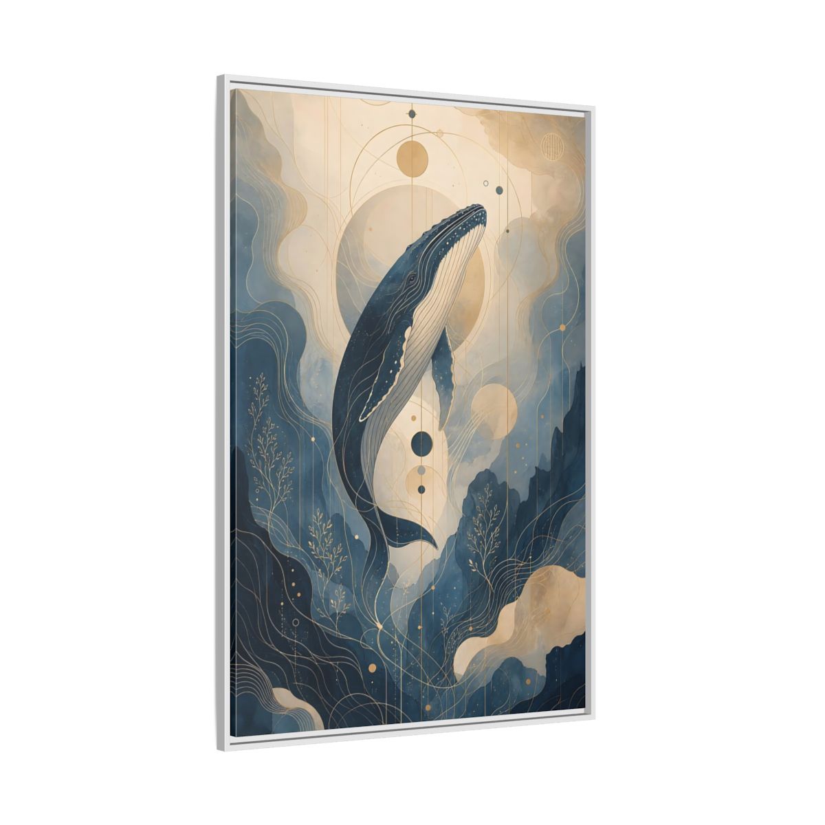Side Mockup 7. Nature Whale Blue And Gold shown as stretched canvas wall art