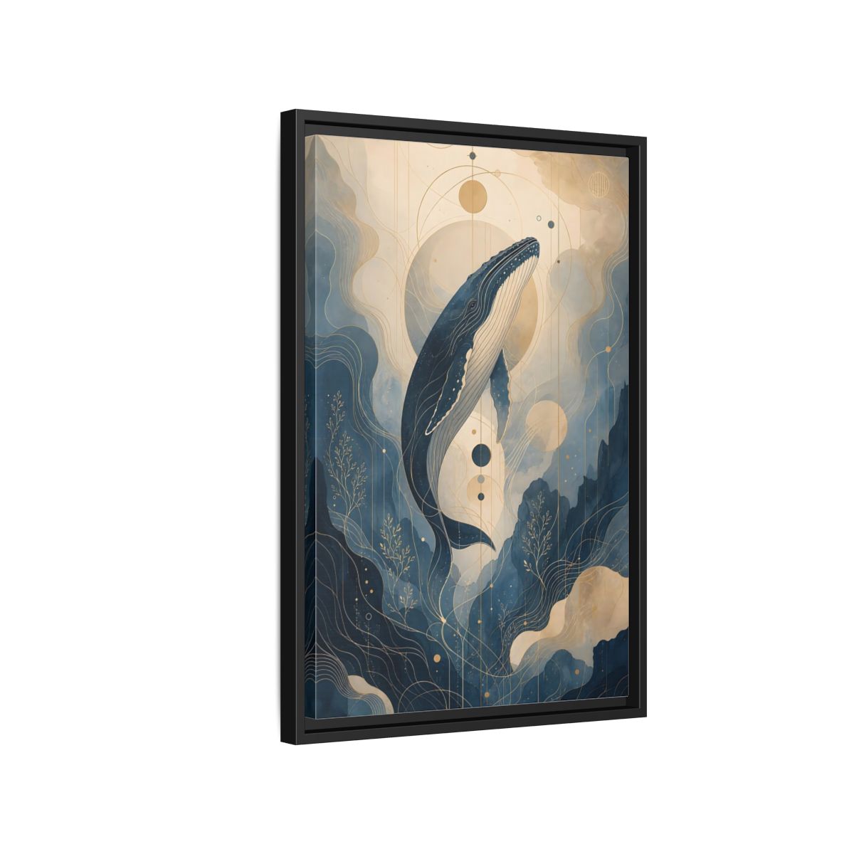 Side Mockup 3. Nature Whale Blue And Gold shown as stretched canvas wall art