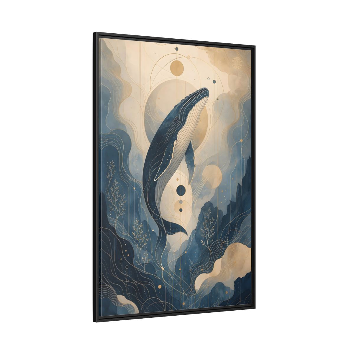 Side Mockup 12. Nature Whale Blue And Gold shown as stretched canvas wall art
