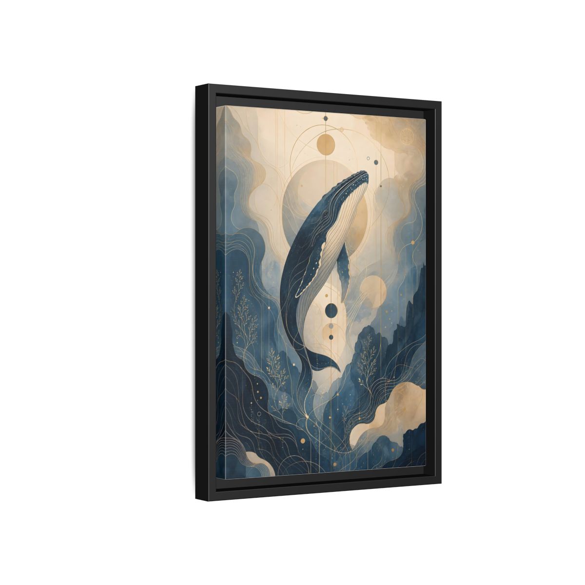 Side Mockup 6. Nature Whale Blue And Gold shown as stretched canvas wall art