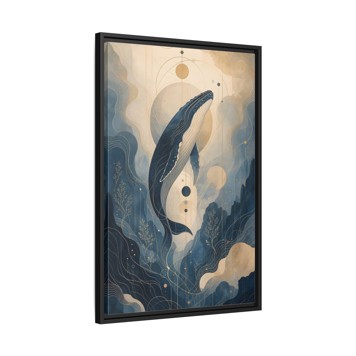 Side Mockup 14. Nature Whale Blue And Gold shown as stretched canvas wall art