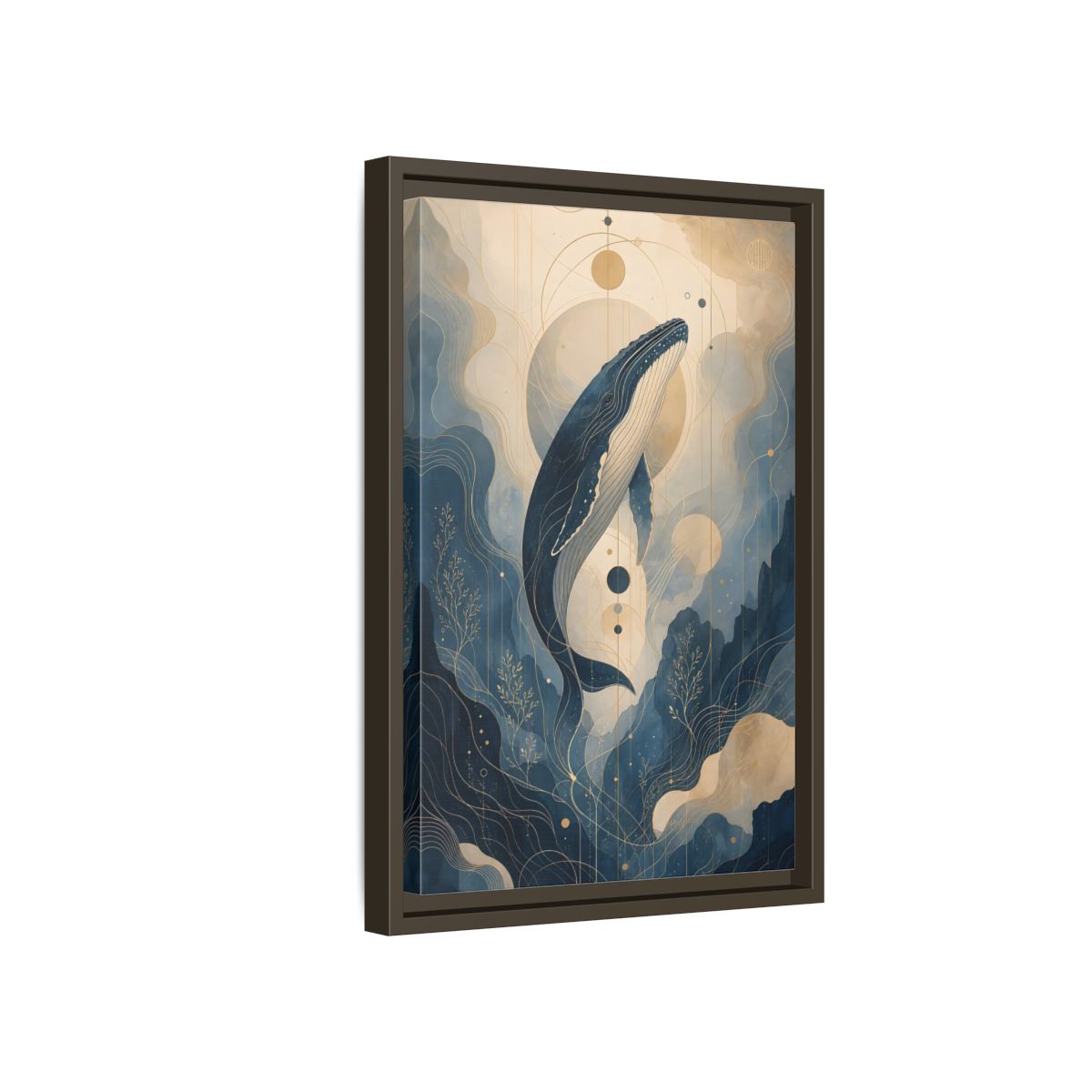 Side Mockup 5. Nature Whale Blue And Gold shown as stretched canvas wall art