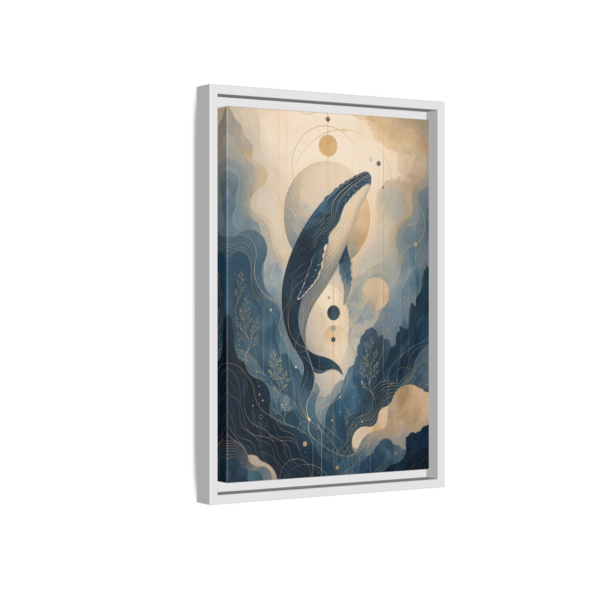 Side Mockup 4. Nature Whale Blue And Gold shown as stretched canvas wall art