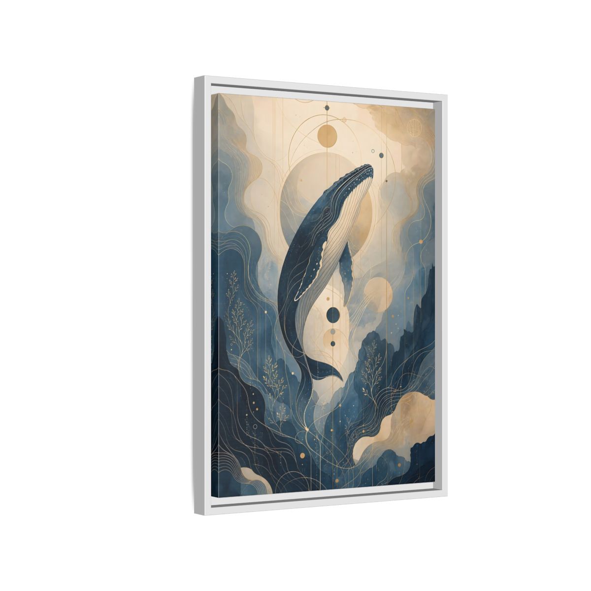 Side Mockup 1. Nature Whale Blue And Gold shown as stretched canvas wall art