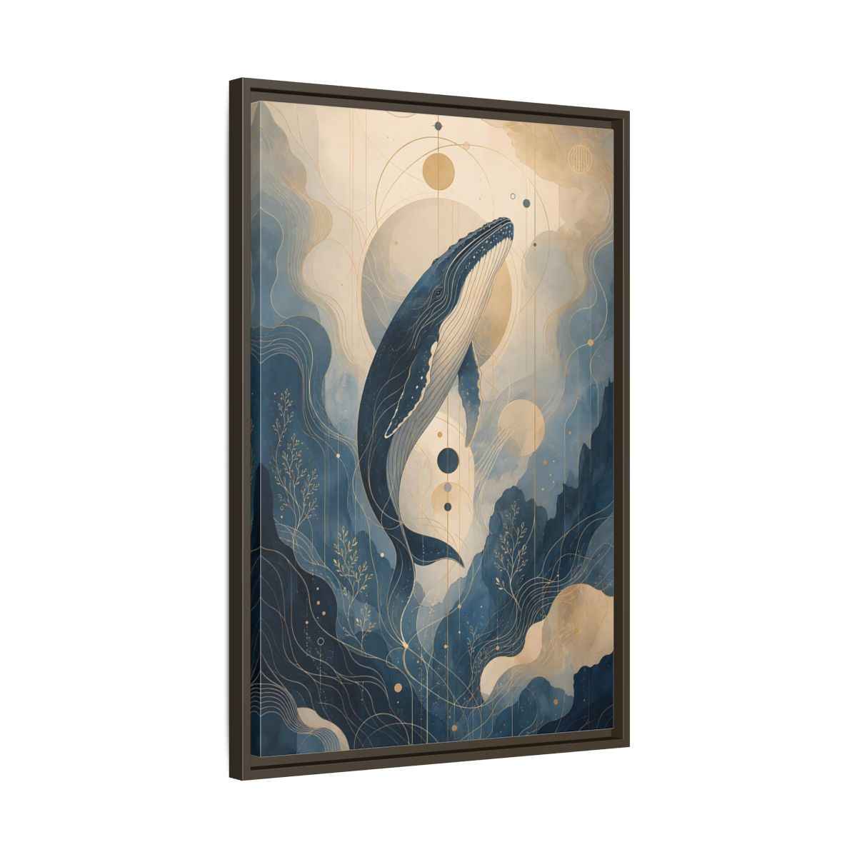 Side Mockup 11. Nature Whale Blue And Gold shown as stretched canvas wall art