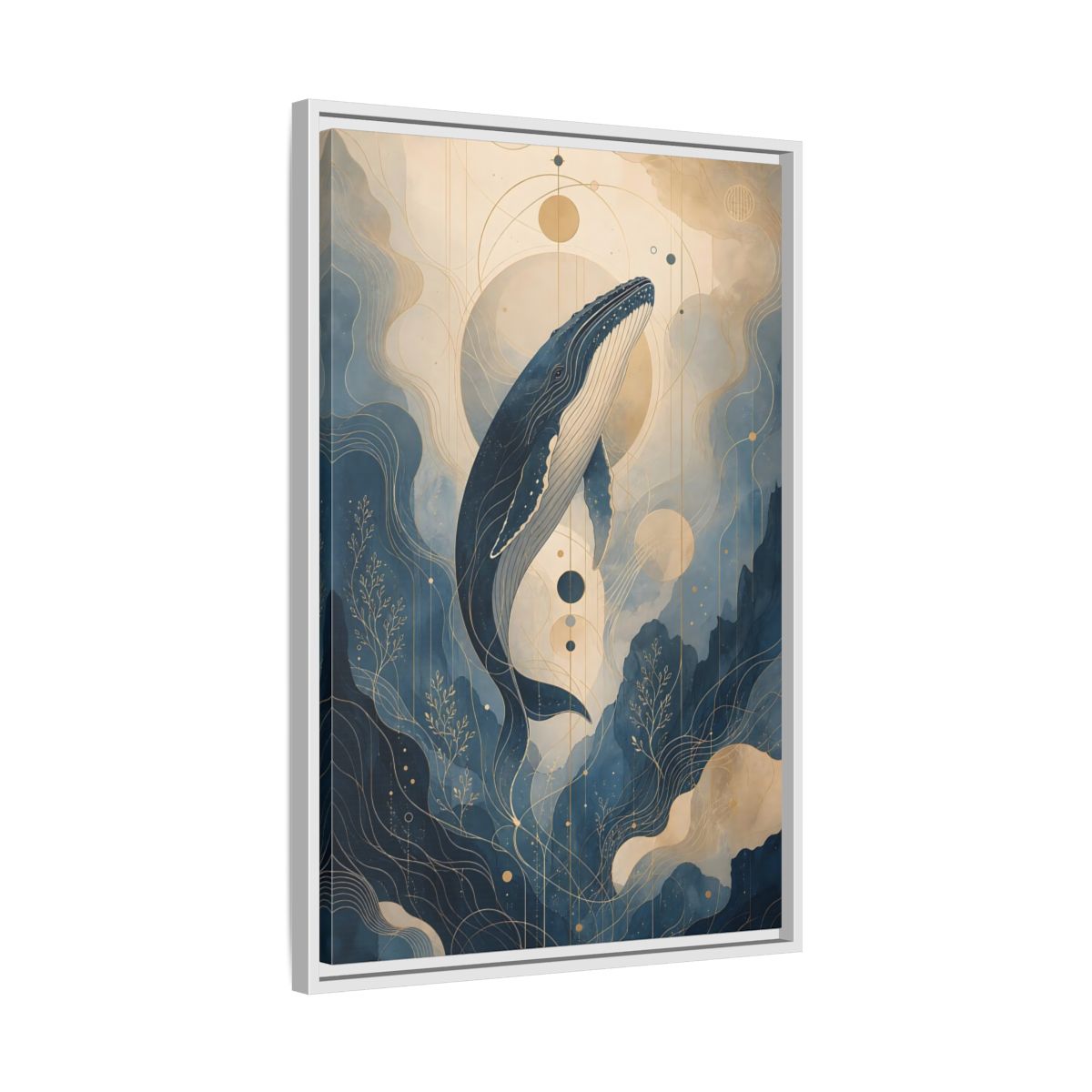 Side Mockup 10. Nature Whale Blue And Gold shown as stretched canvas wall art