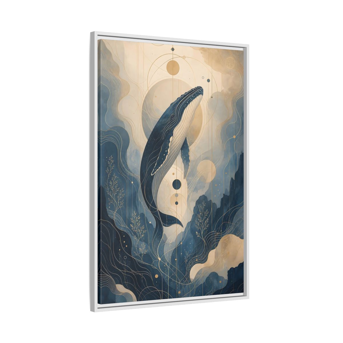 Side Mockup 9. Nature Whale Blue And Gold shown as stretched canvas wall art