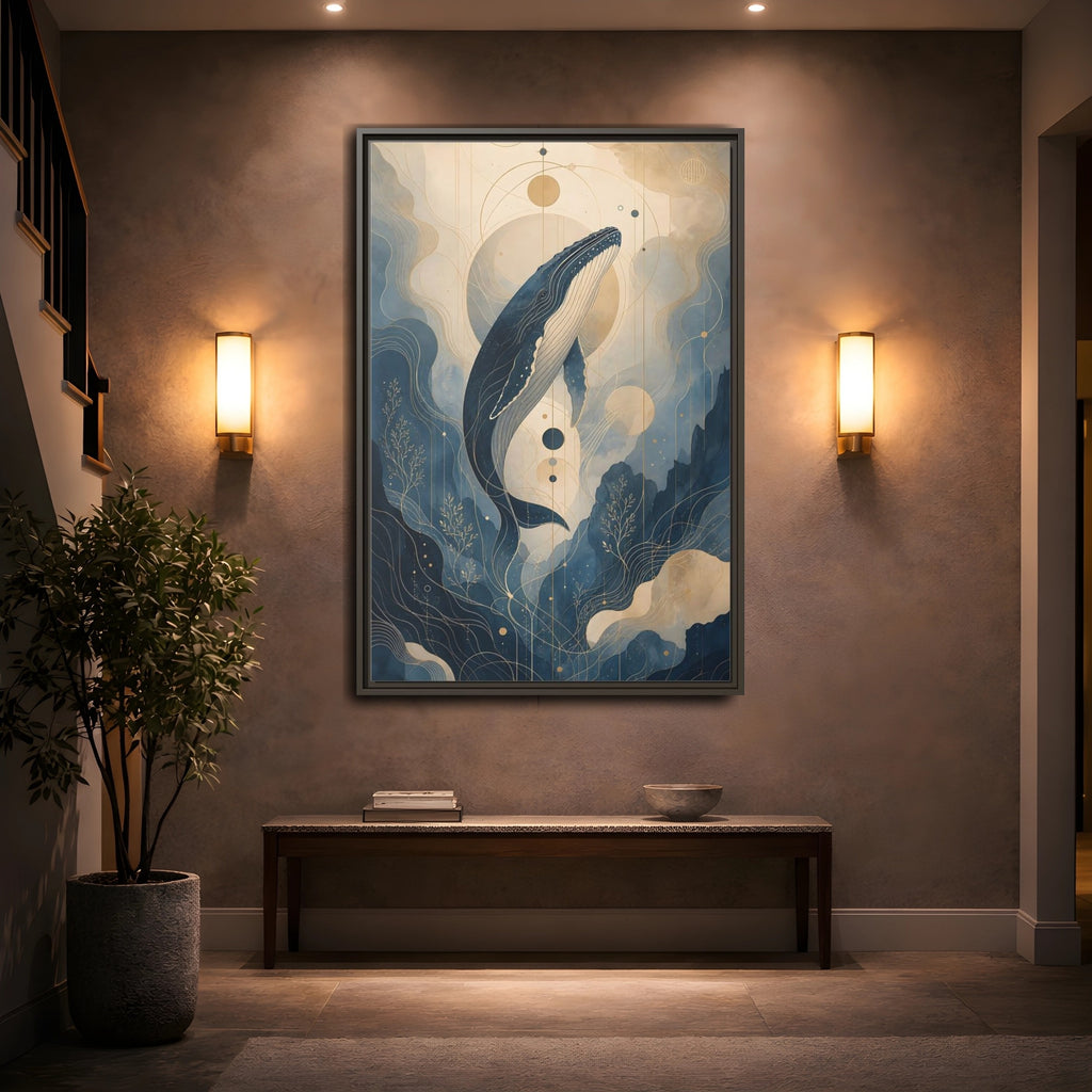 Mockup 2. Nature Whale Blue And Gold shown as stretched canvas wall art