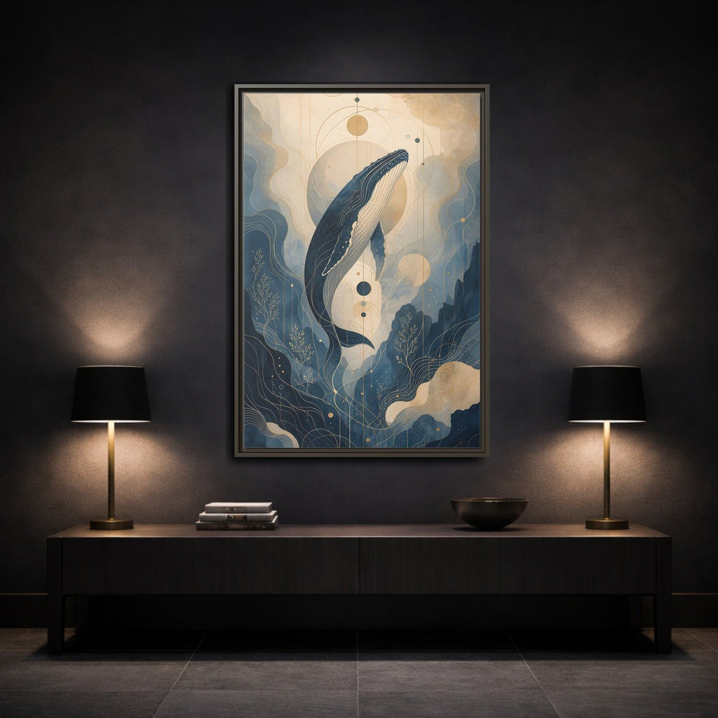 Mockup 3. Nature Whale Blue And Gold shown as stretched canvas wall art