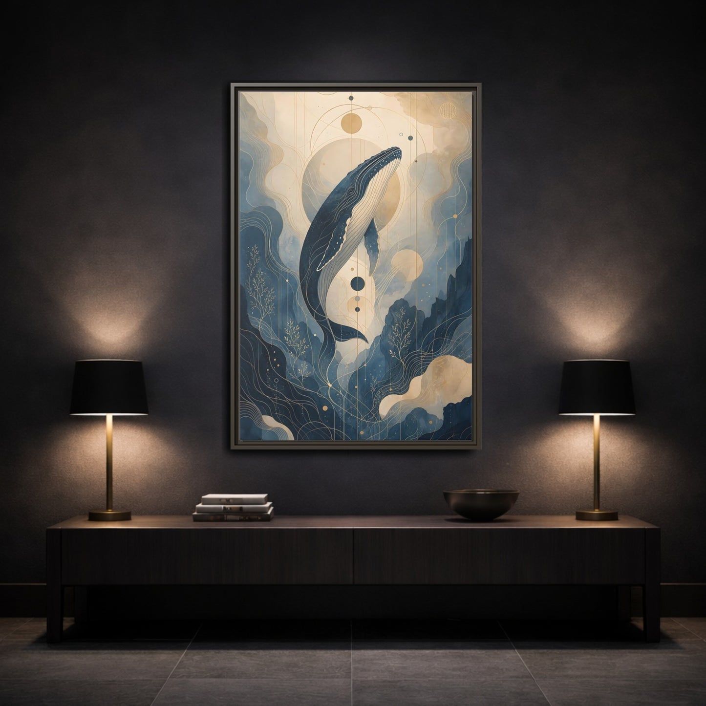 Nature Whale Blue and Gold Framed Canvas Wall Art - Art Nouveau Living Room, Above Couch shown as canvas wall art