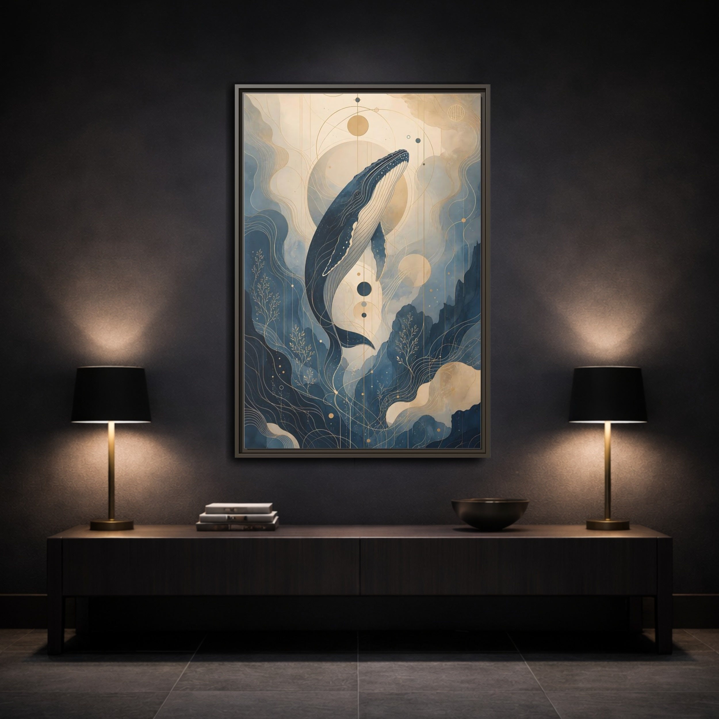 Mockup 3. Nature Whale Blue And Gold shown as stretched canvas wall art