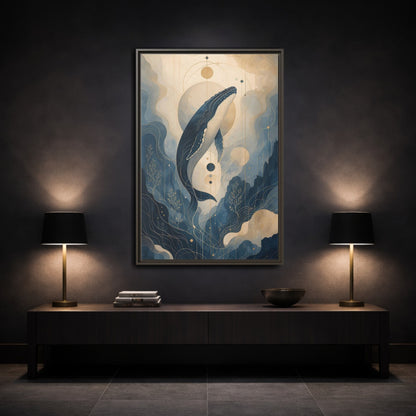 Nature Whale Blue and Gold Framed Canvas Wall Art - Art Nouveau Living Room, Above Couch shown as canvas wall art
