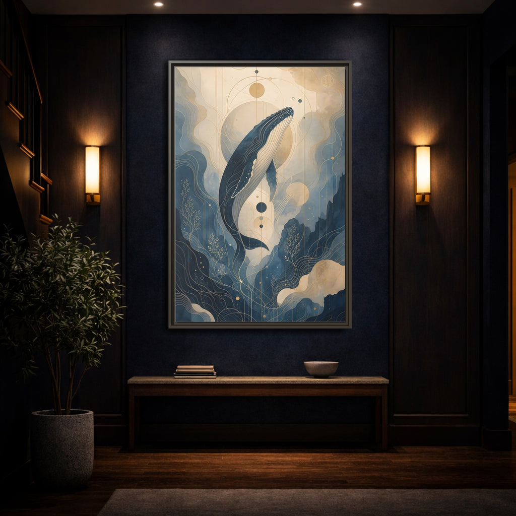 Mockup 4. Nature Whale Blue And Gold shown as stretched canvas wall art