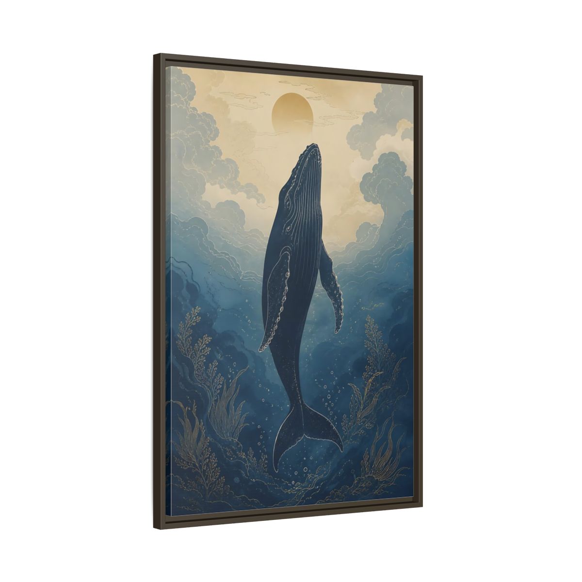 Main Mockup. Nature Whale Blue And Gold Whale shown as stretched canvas wall art