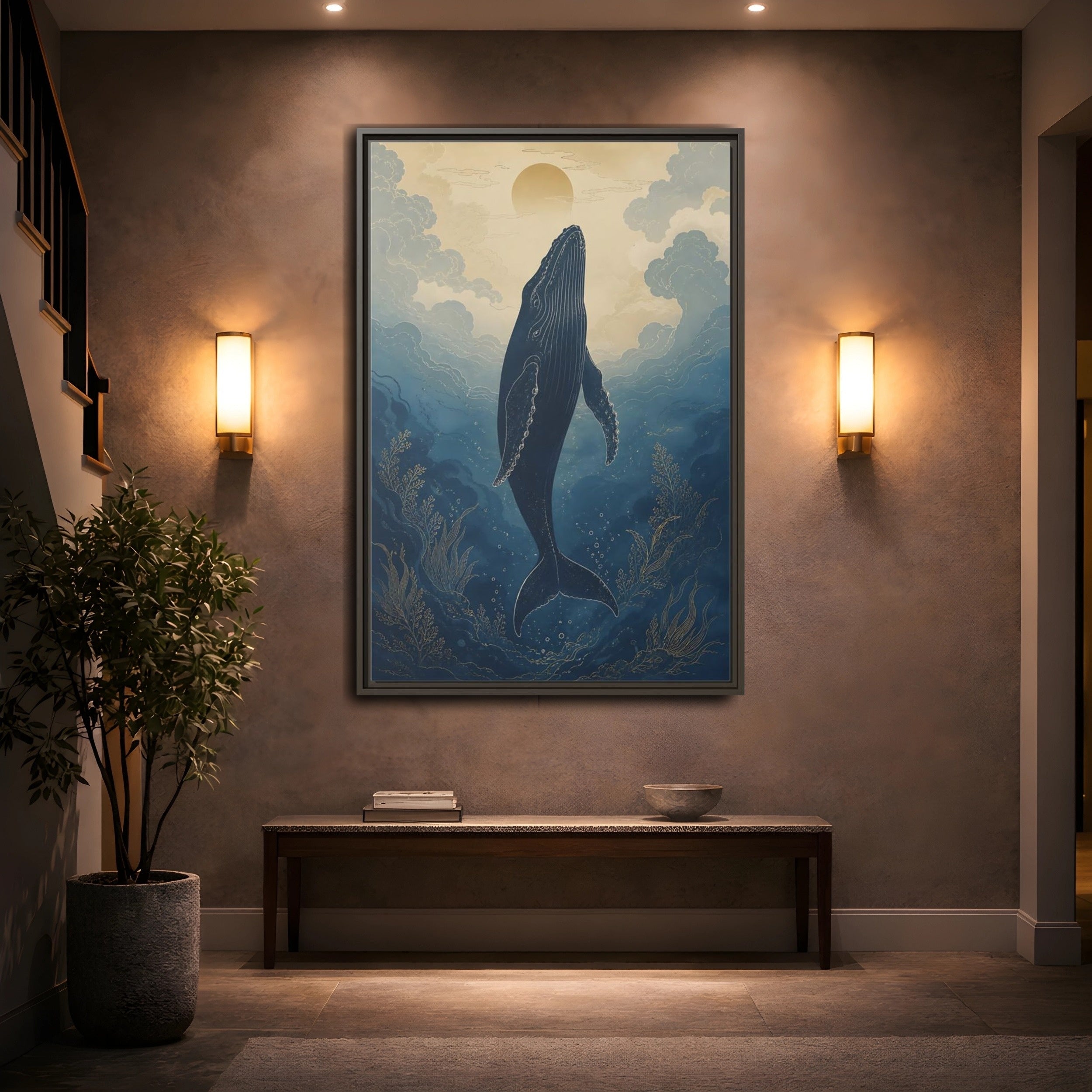 Mockup 2. Nature Whale Blue And Gold Whale shown as stretched canvas wall art