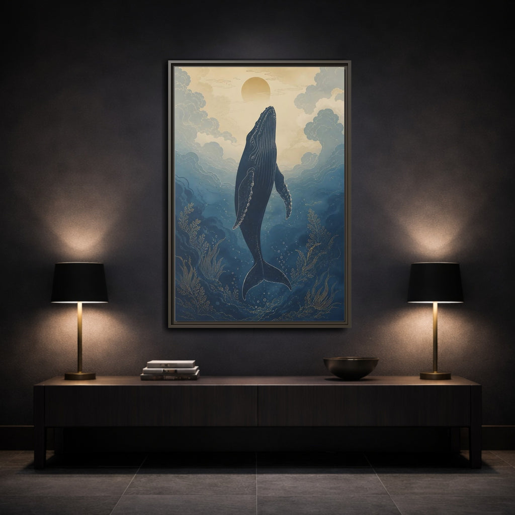 Mockup 3. Nature Whale Blue And Gold Whale shown as stretched canvas wall art