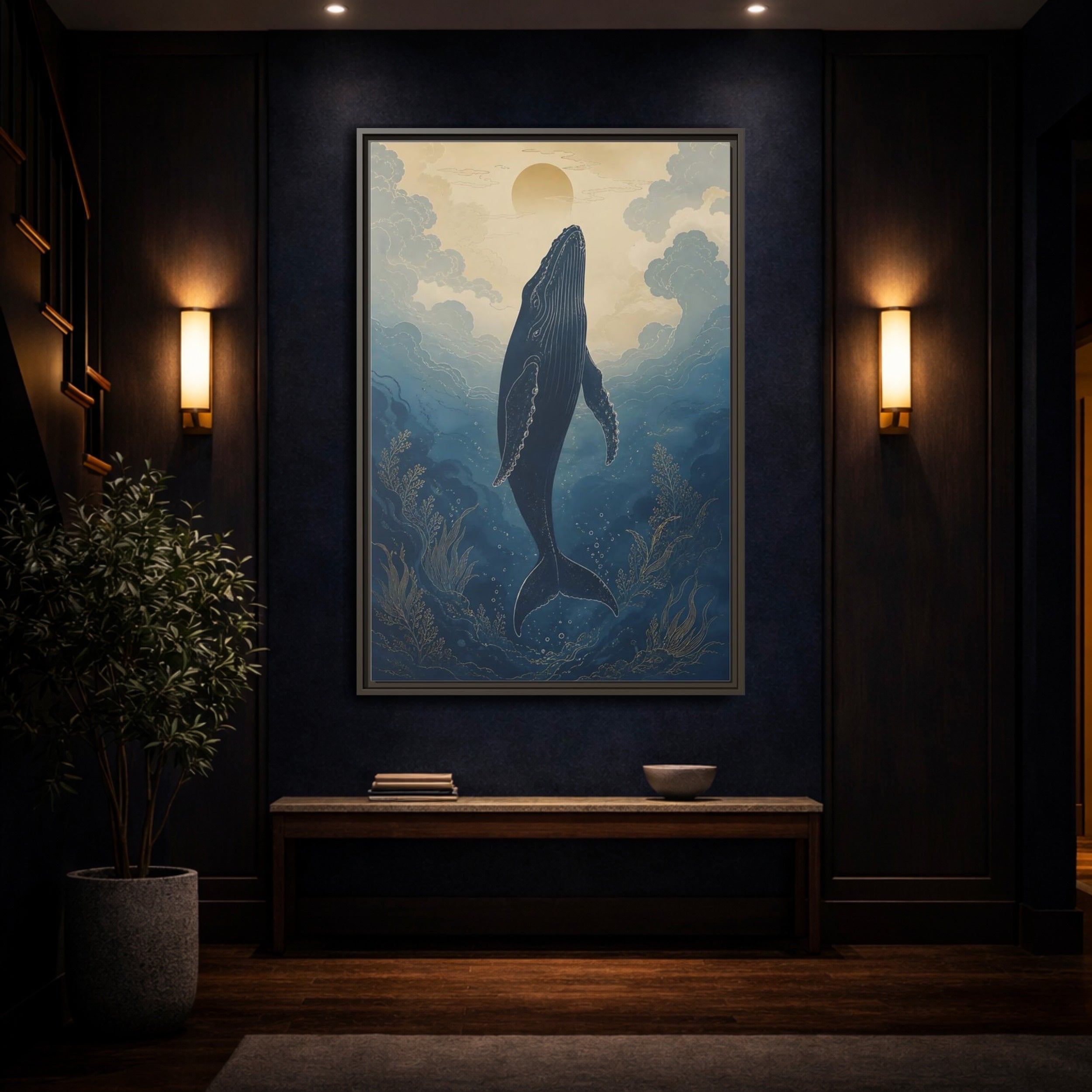 Mockup 4. Nature Whale Blue And Gold Whale shown as stretched canvas wall art