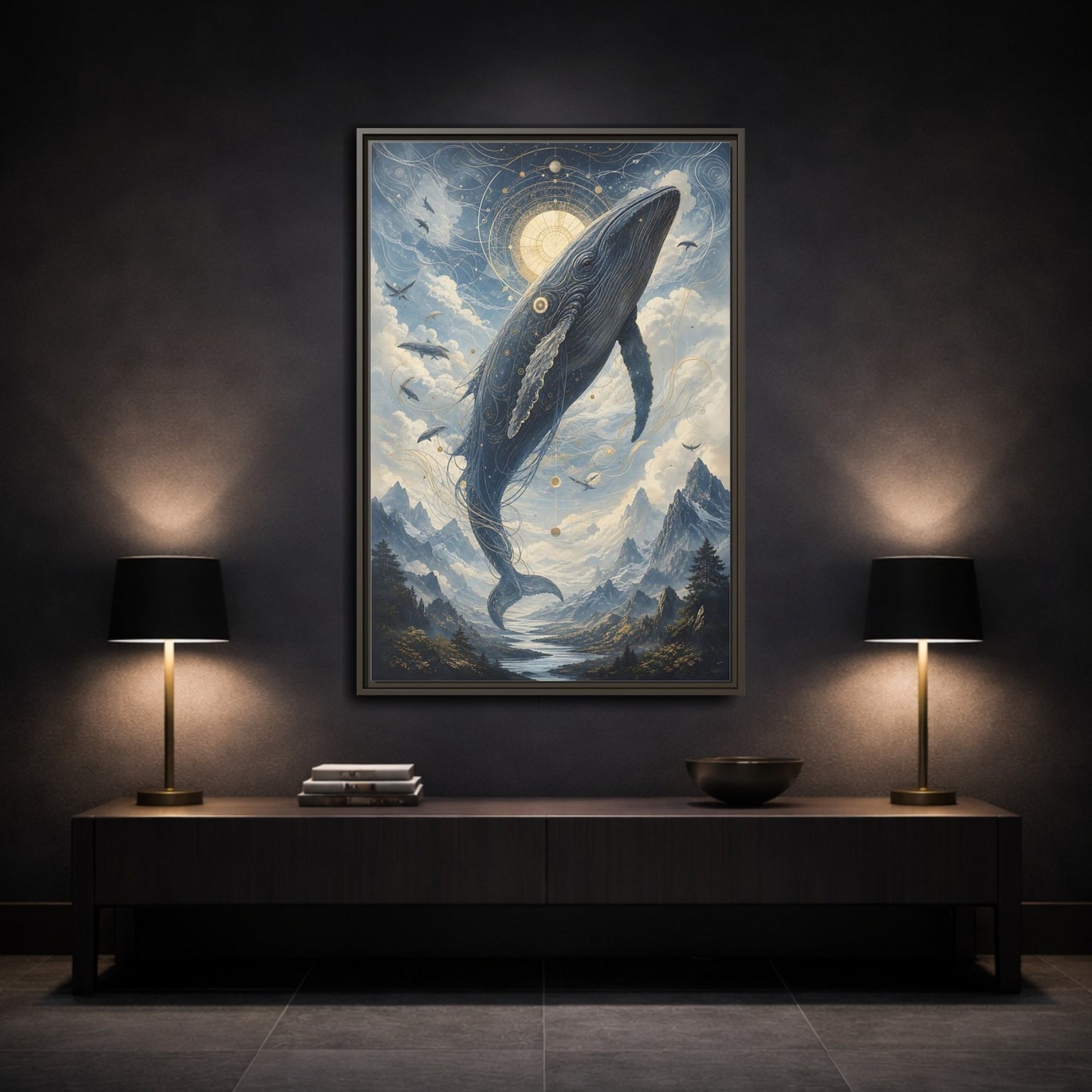 Nature Whale Blue Art Framed Canvas Wall Print Framed Canvas Wall Art - Fantasy Living Room, Above Sofa shown as canvas wall art