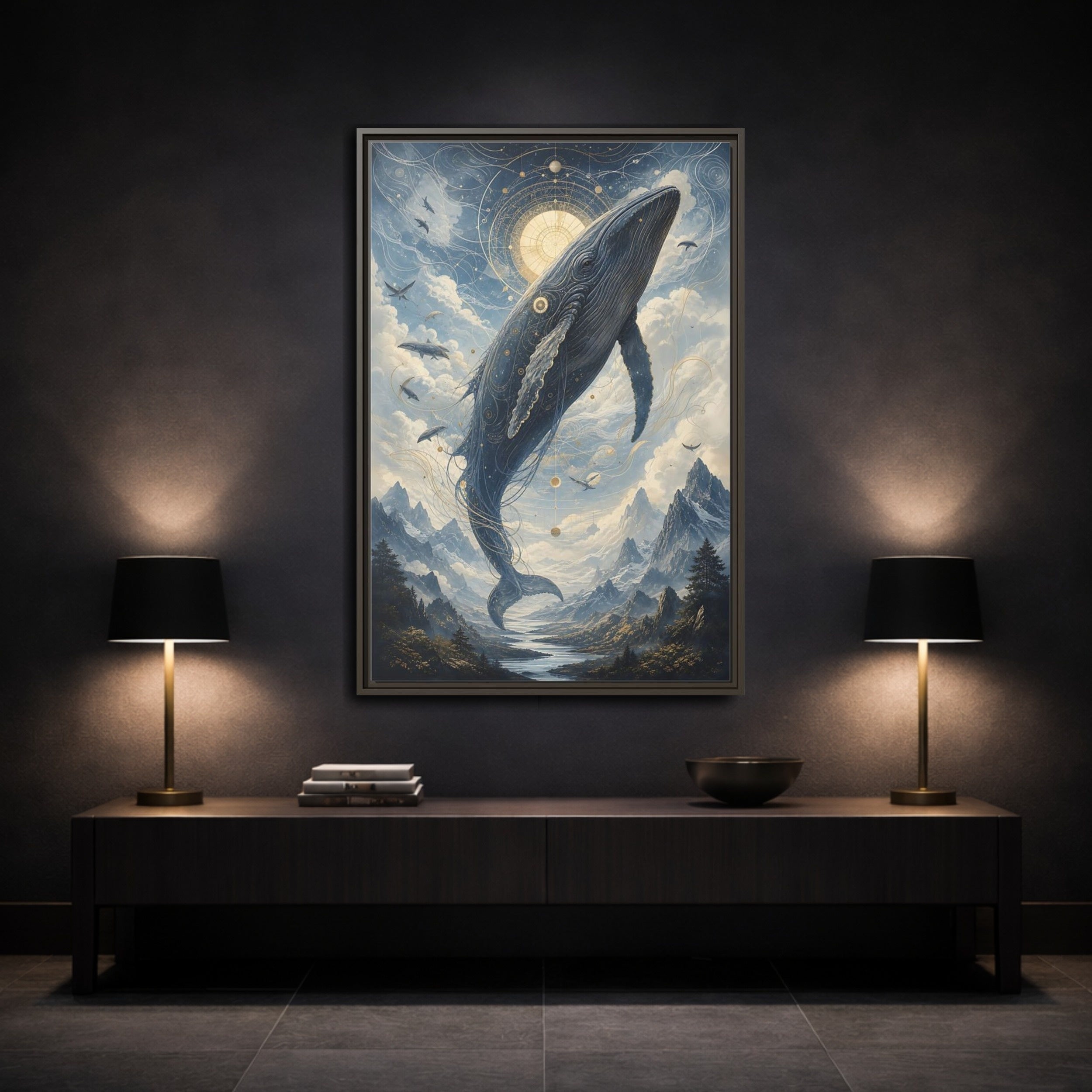Mockup 3. Nature Whale Blue Whale Art shown as stretched canvas wall art