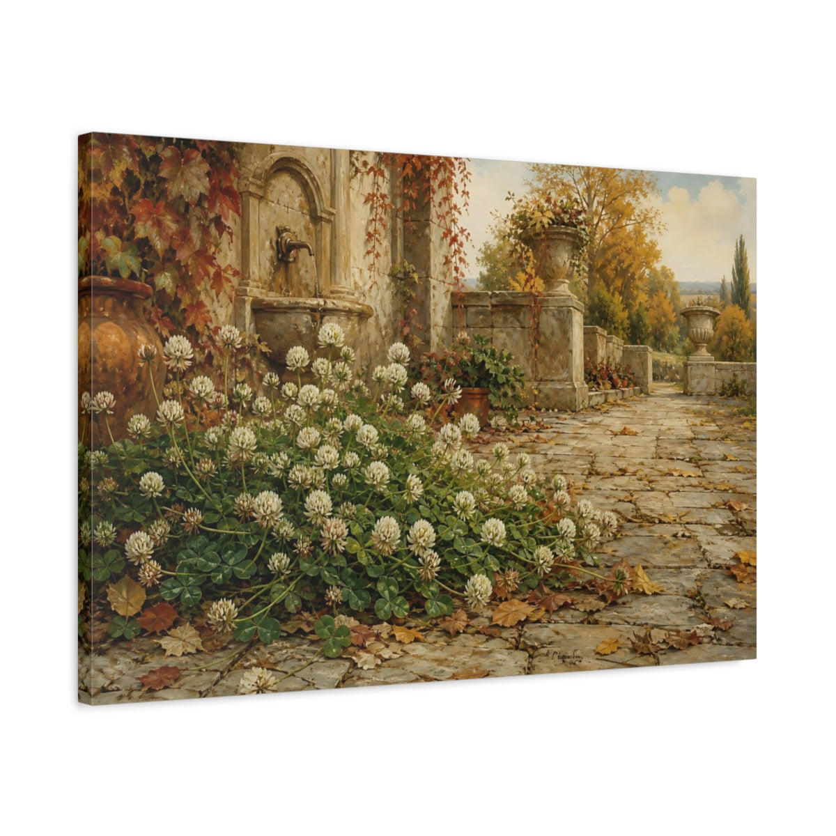 Side Mockup 2. Nature White Clover Autumnal Garden shown as stretched canvas wall art