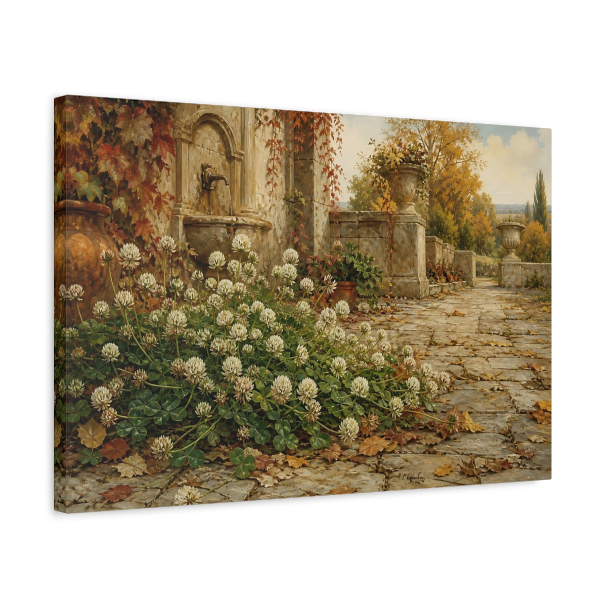 Side Mockup 3. Nature White Clover Autumnal Garden shown as stretched canvas wall art