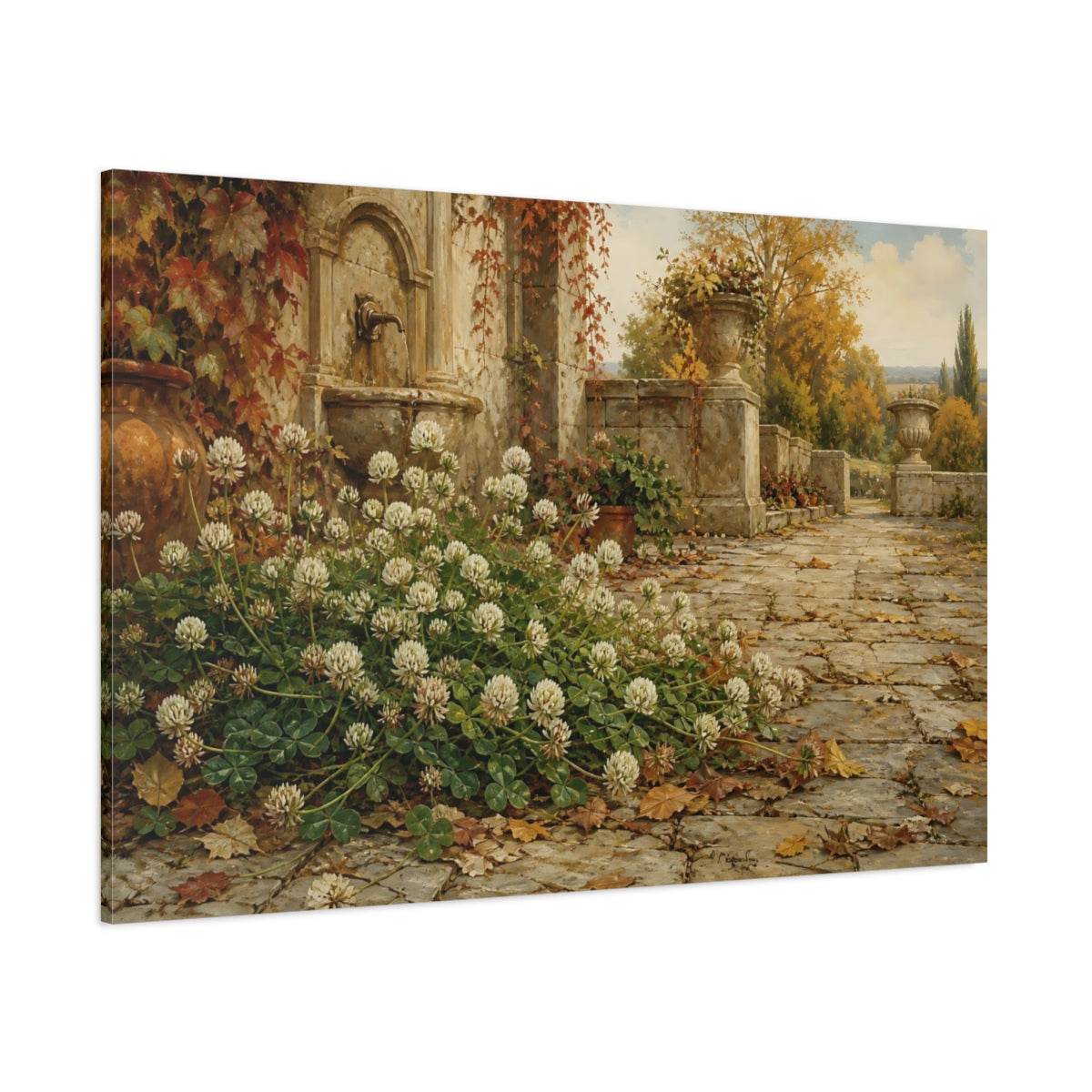 Side Mockup 1. Nature White Clover Autumnal Garden shown as stretched canvas wall art