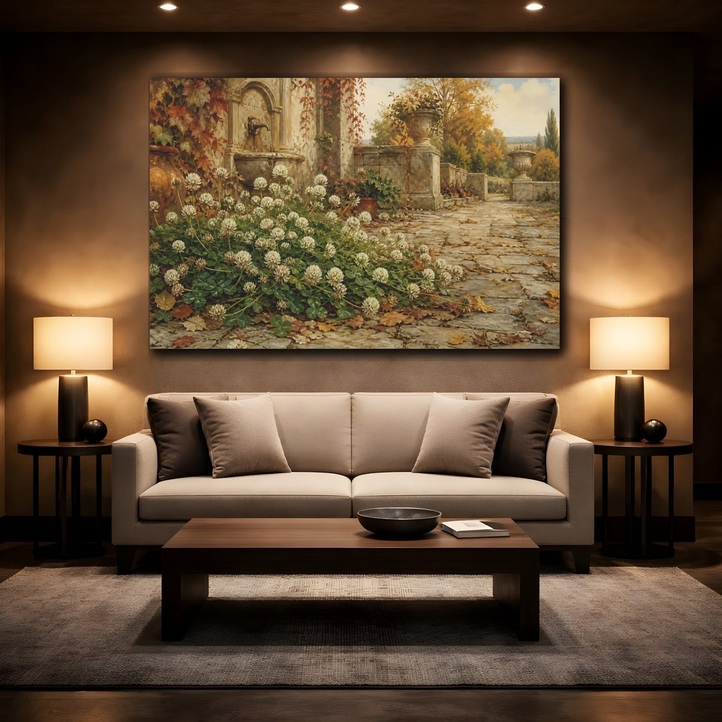 Mockup 2. Nature White Clover Autumnal Garden shown as stretched canvas wall art