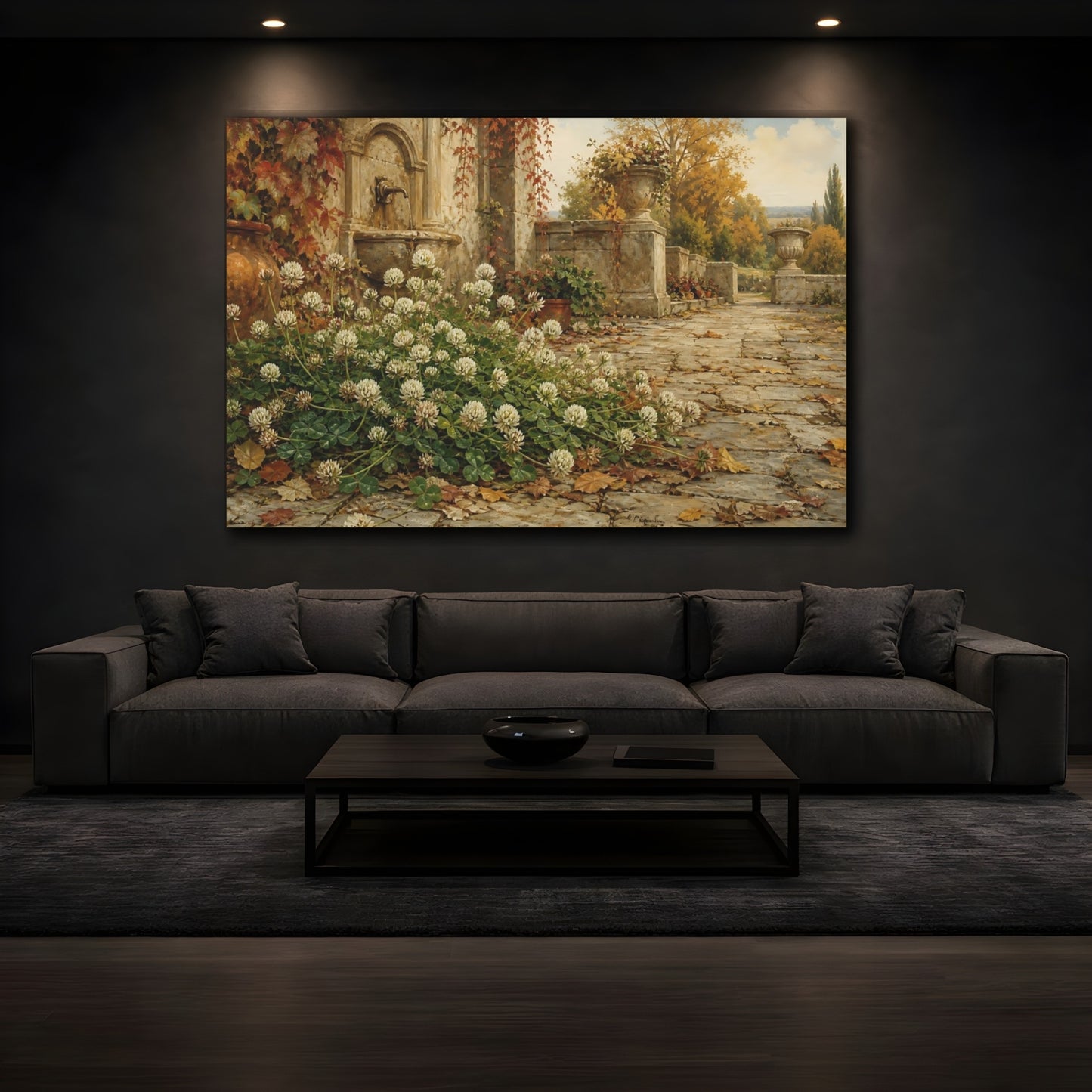 Mockup 3. Nature White Clover Autumnal Garden shown as stretched canvas wall art