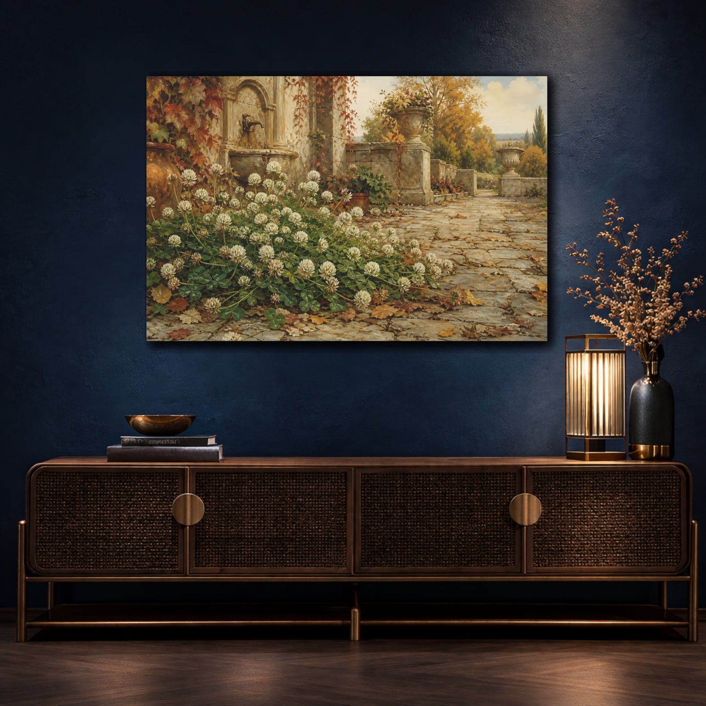 Mockup 4. Nature White Clover Autumnal Garden shown as stretched canvas wall art