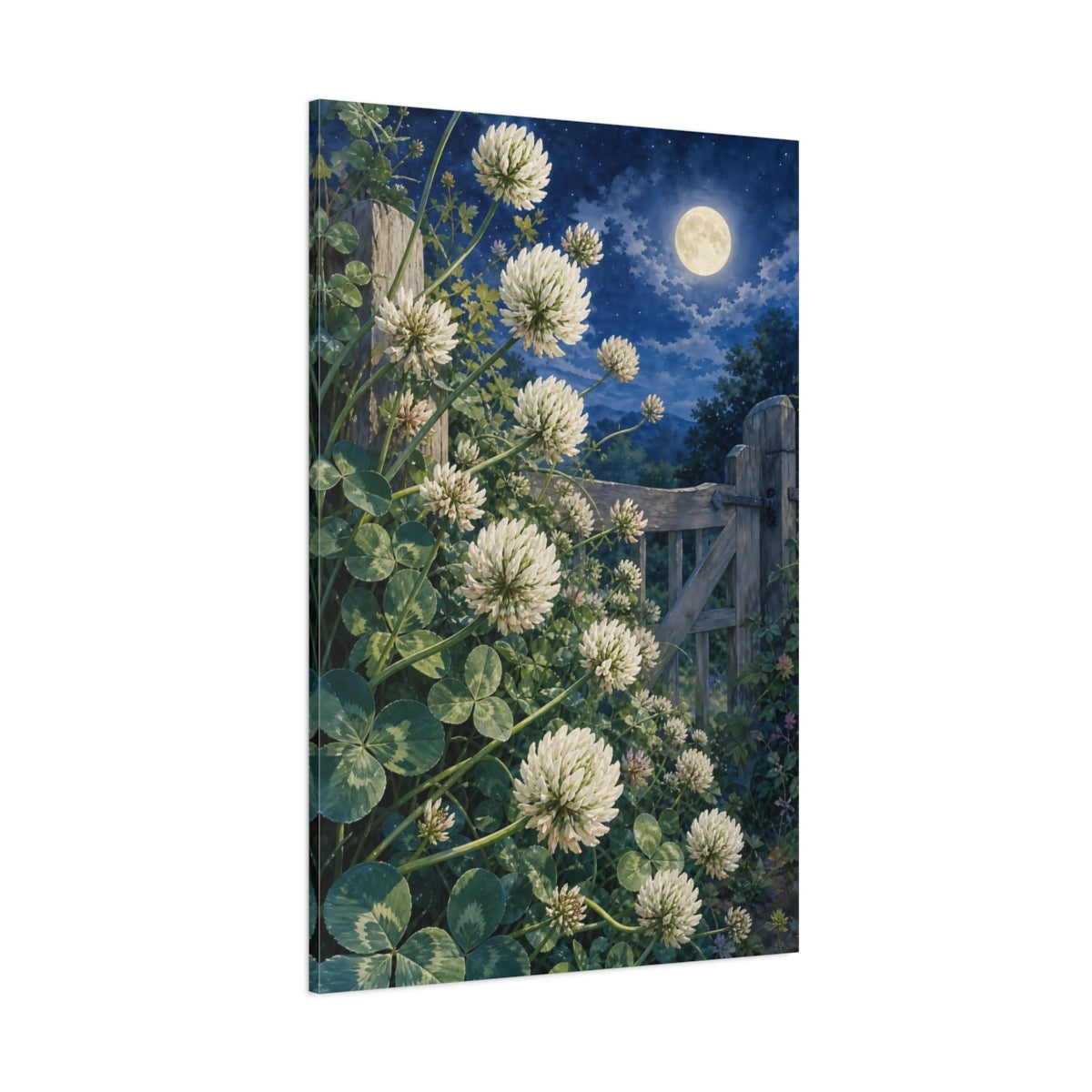 Side Mockup 1. Nature White Clover White Clover Night shown as stretched canvas wall art