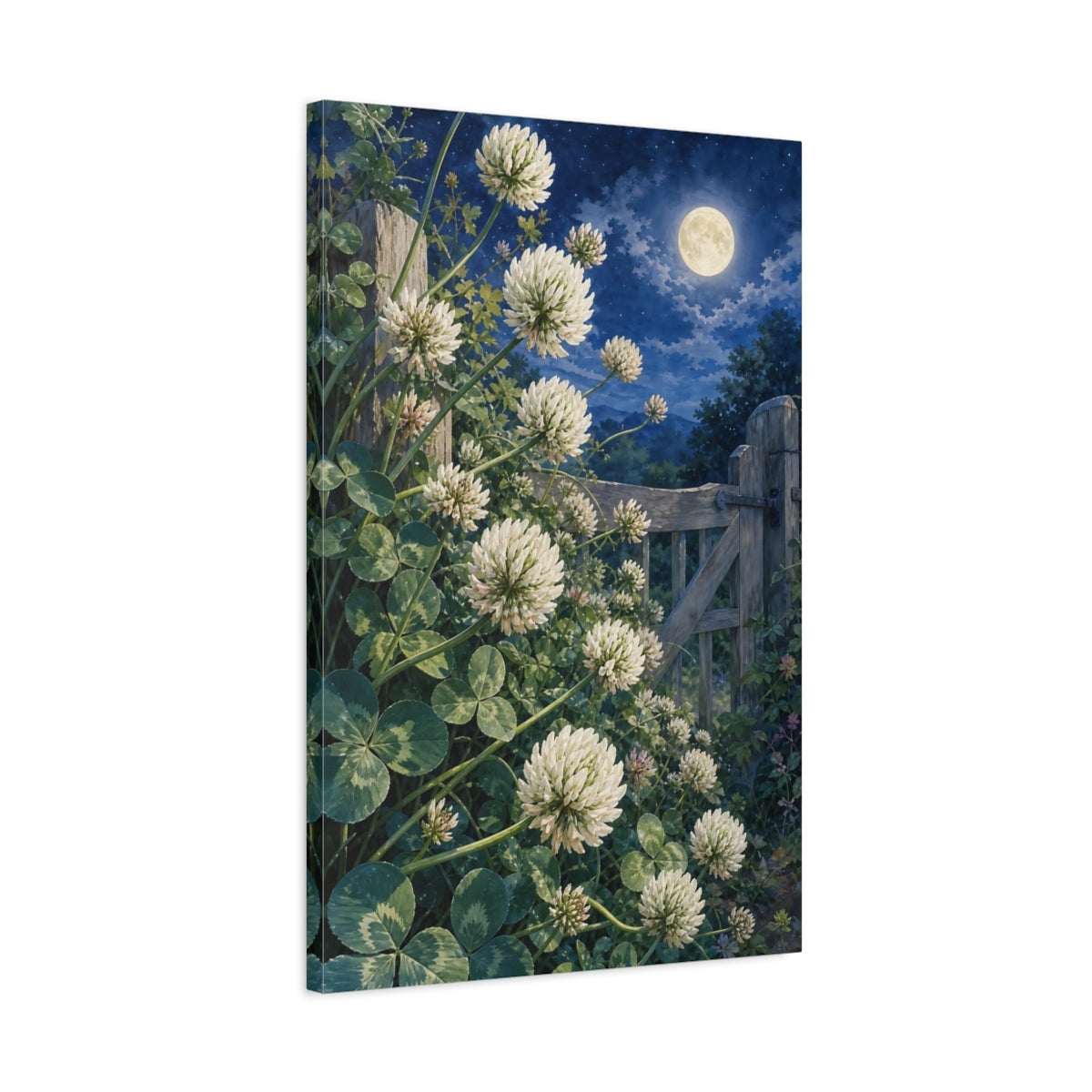 Side Mockup 2. Nature White Clover White Clover Night shown as stretched canvas wall art