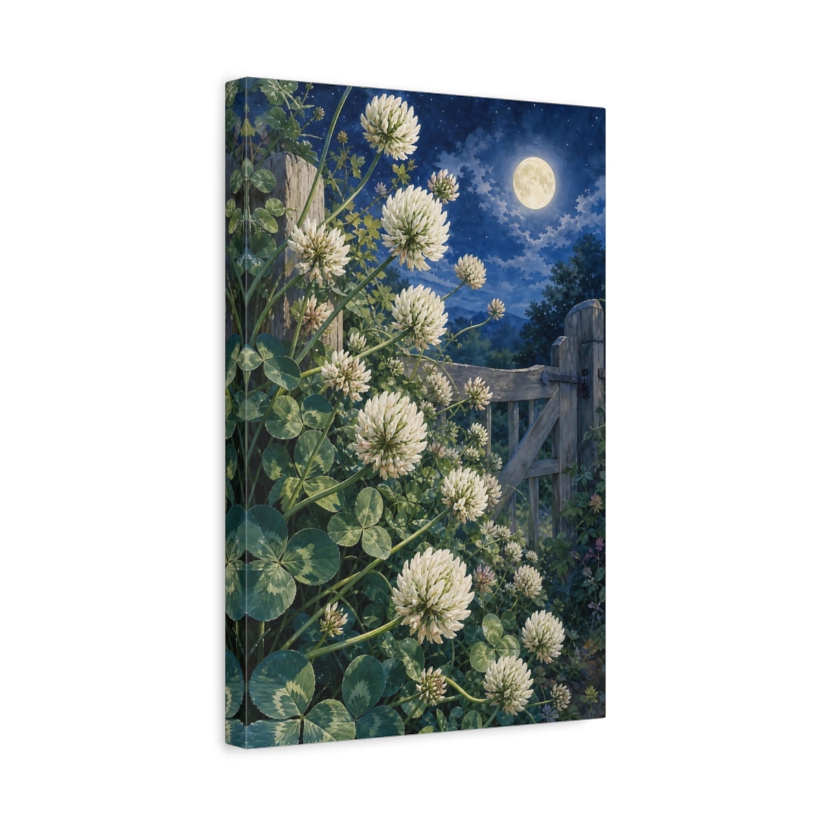 Side Mockup 4. Nature White Clover White Clover Night shown as stretched canvas wall art