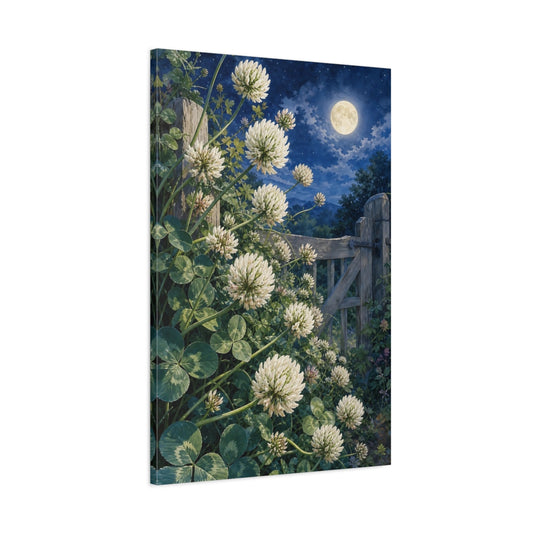 Main Mockup. Nature White Clover White Clover Night shown as stretched canvas wall art