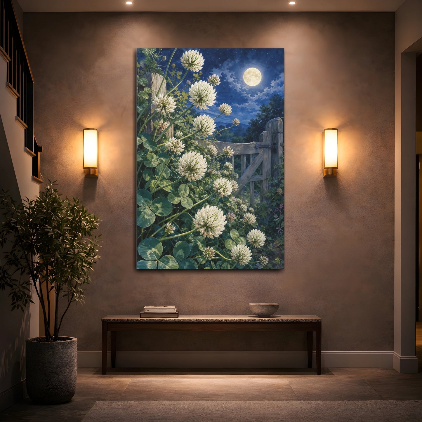 Mockup 2. Nature White Clover White Clover Night shown as stretched canvas wall art