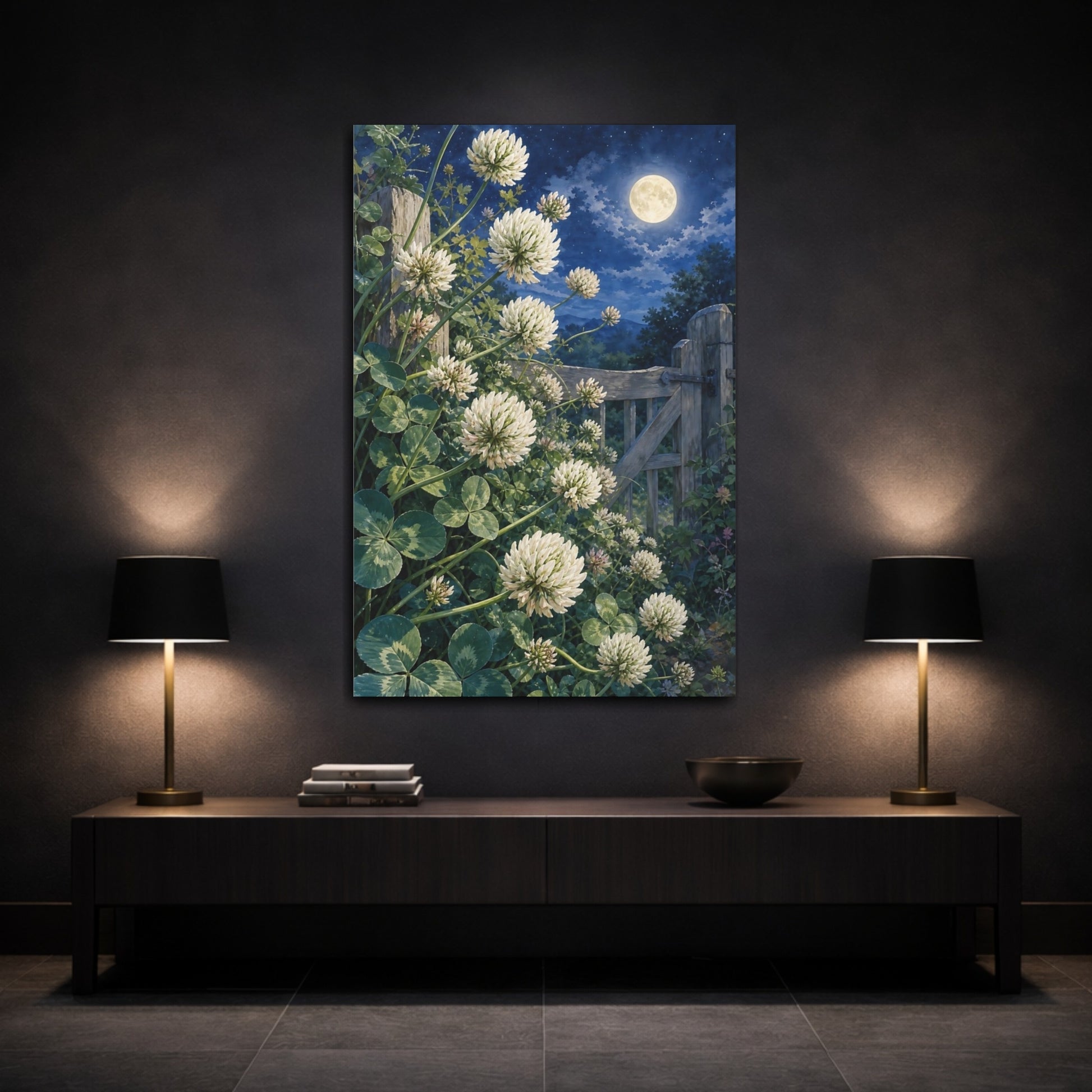 Mockup 3. Nature White Clover White Clover Night shown as stretched canvas wall art