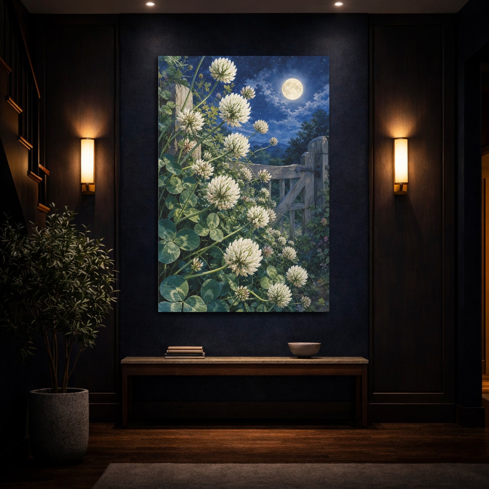 Mockup 4. Nature White Clover White Clover Night shown as stretched canvas wall art