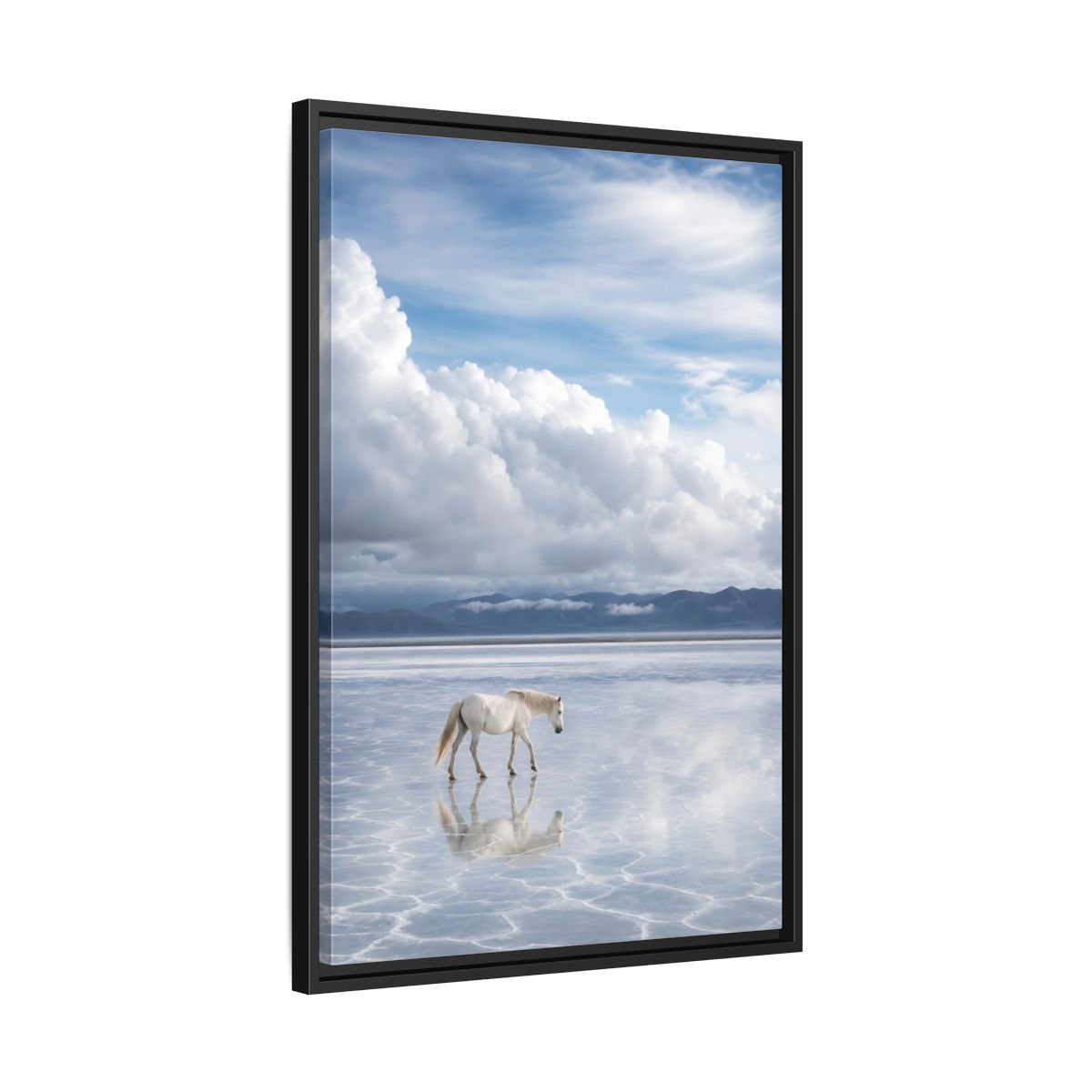 Side Mockup 14. Nature White Horse White Horse Landscape shown as stretched canvas wall art
