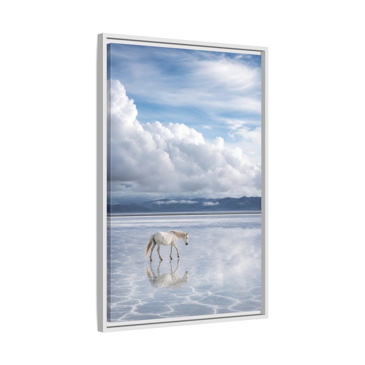 Side Mockup 10. Nature White Horse White Horse Landscape shown as stretched canvas wall art