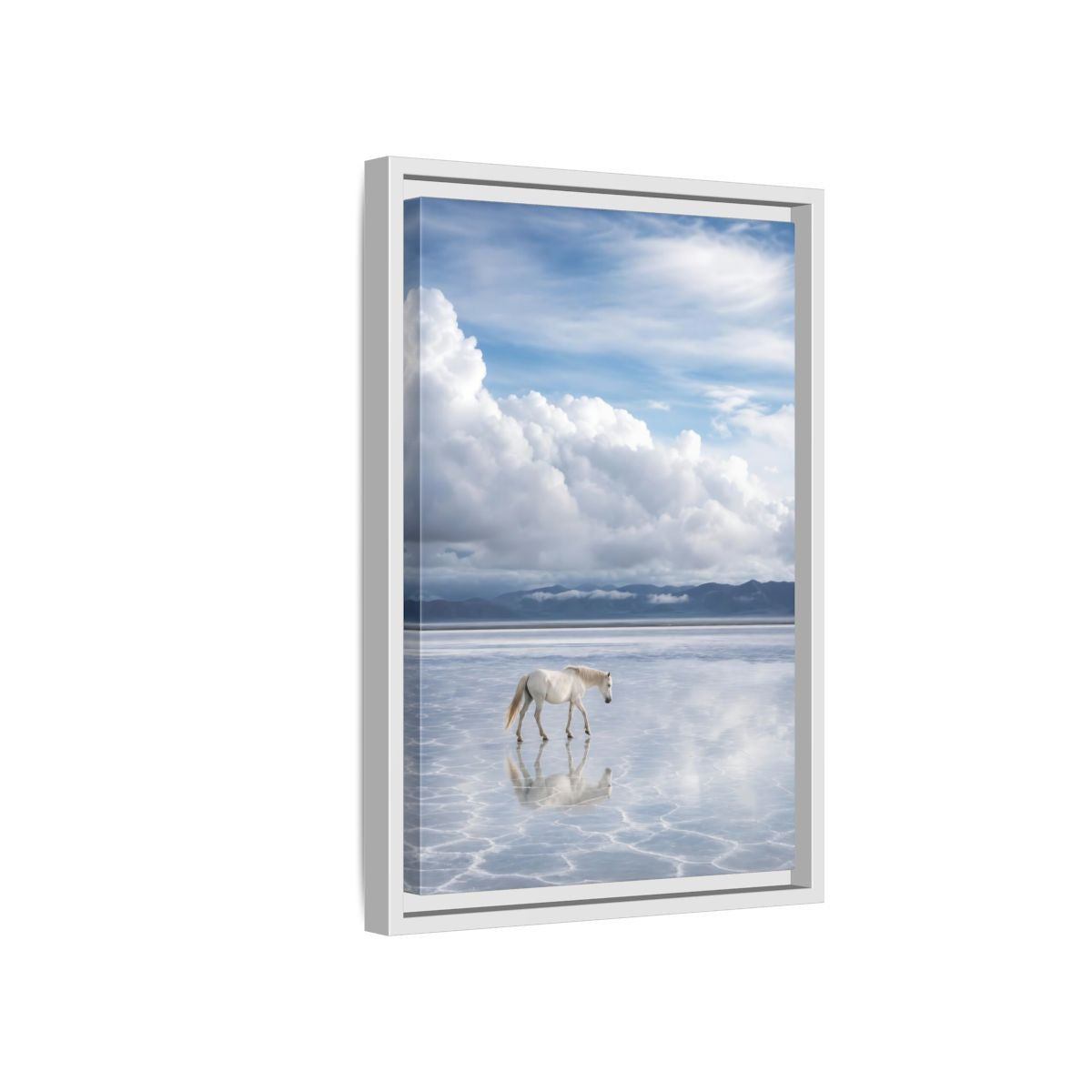 Side Mockup 4. Nature White Horse White Horse Landscape shown as stretched canvas wall art