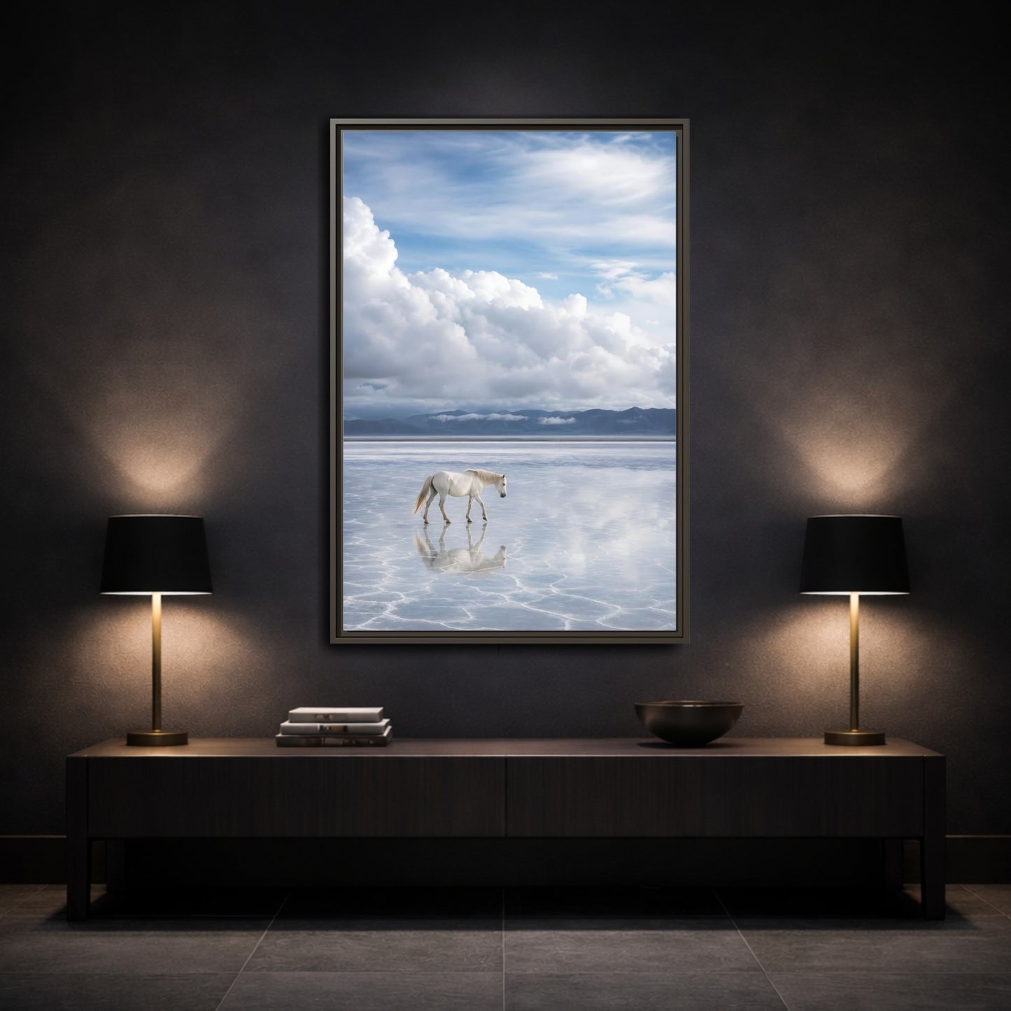 Mockup 3. Nature White Horse White Horse Landscape shown as stretched canvas wall art