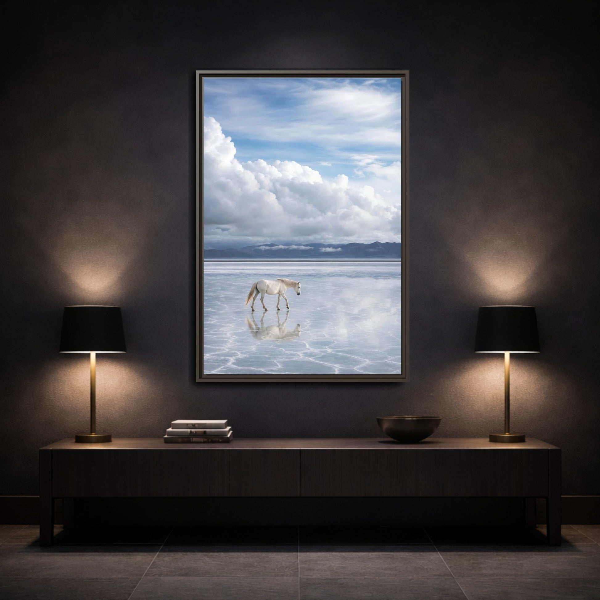Mockup 3. Nature White Horse White Horse Landscape shown as stretched canvas wall art