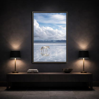 Mockup 3. Nature White Horse White Horse Landscape shown as stretched canvas wall art