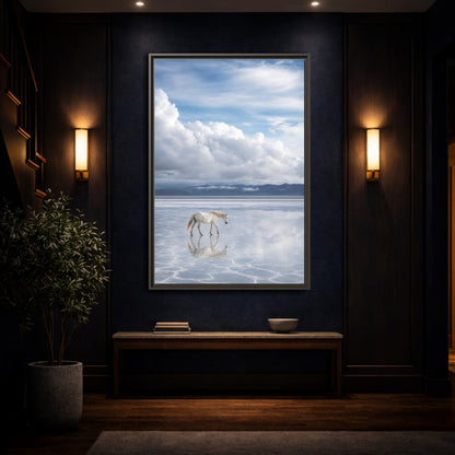Mockup 4. Nature White Horse White Horse Landscape shown as stretched canvas wall art