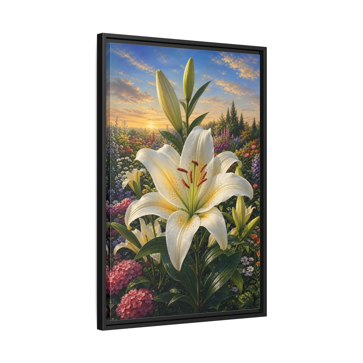 Side Mockup 14. Nature White Lily White Lily Sunset shown as stretched canvas wall art